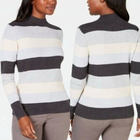 NWT Karen Scott Striped Sweater Mock Neck Gray Beige Color Block Long Sleeve - Picture 11 of 11